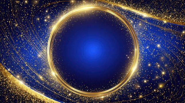 Elegant gold ring on swirling blue background speckled with shimmering particles