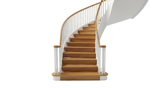 Curved Wooden Staircase with White Railing stairs interior isolated on a transparent background