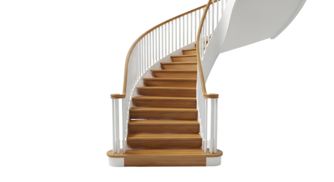 Curved Wooden Staircase with White Railing stairs interior isolated on a transparent background
