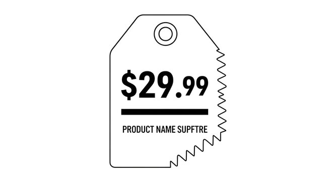 A simple black and white illustration of a price tag with the text 2999 and product name suptre printed on it, isolated on a transparent background