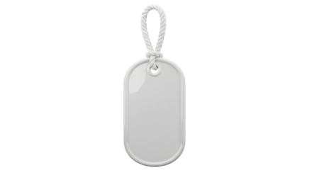A blank white dog tag with a rope loop, isolated on a transparent background, ready for customization or personalization