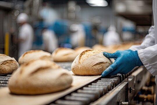 Bakery worker's gloved hands inspect loaves on a production line