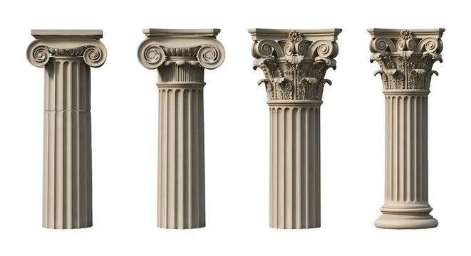 Four Classical Architectural Columns with Different Capitals pillar architecture isolated on a transparent background