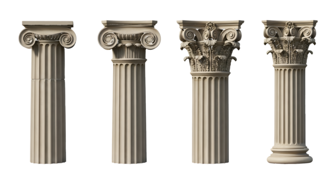 Four Classical Architectural Columns with Different Capitals pillar architecture isolated on a transparent background