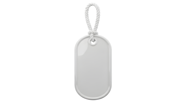 A blank white dog tag with a rope loop, isolated on a transparent background, ready for customization or personalization