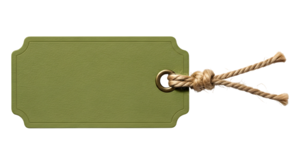 A single green textured paper tag with a rustic twine string, isolated on a transparent background, perfect for price, gift, or product labeling