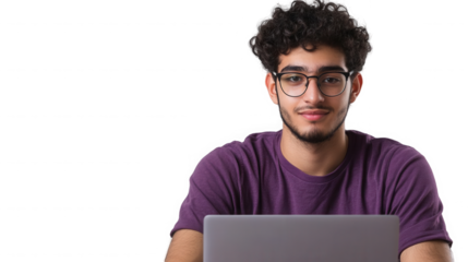 Young man with glasses smiling while using a laptop for work or education online on transparent background