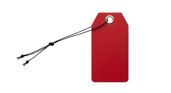 A single red rectangular tag with rounded corners and a hole at the top, attached to a black string with two knots, isolated on transparent background