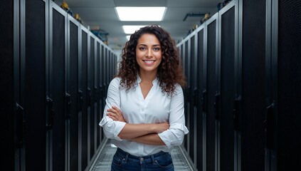 Confident tech expert woman in a data center. The woman has her arms crossed confidently in front of rows of servers. She is smiling directly at the camera