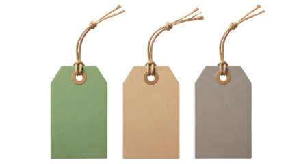 Three blank gift tags in different colors, green, brown, and grey, each with a string tie, isolated on transparent background