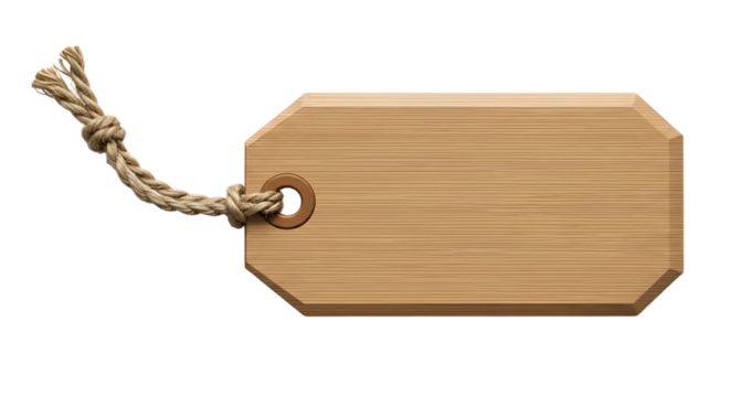 A blank wooden tag with a rope attached, isolated on a transparent background, ready for custom text or branding, perfect for retail, crafts, or promotional use