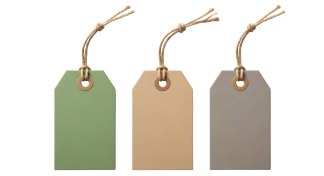 Three blank gift tags in different colors, green, brown, and grey, each with a string tie, isolated on transparent background - Powered by Adobe