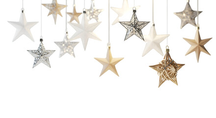 Hanging metallic star ornaments, isolated on transparent background