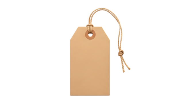 A blank, empty, brown kraft paper tag with a string attached, isolated on a transparent background, ready for custom text or design