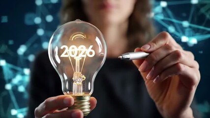 Woman holding a glowing light bulb with the year 2026 inside, symbolizing future innovation and business growth. - Powered by Adobe