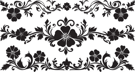 Black Flourish Ornament Set - Decorative Borders with Vintage Floral Scrolls and Flowers