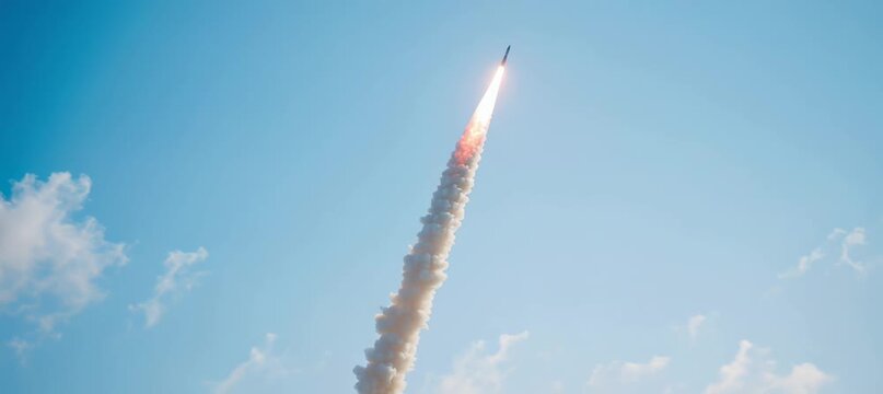 Missile launch weapon testing. Military war aerial defense. Generative video AI technology.