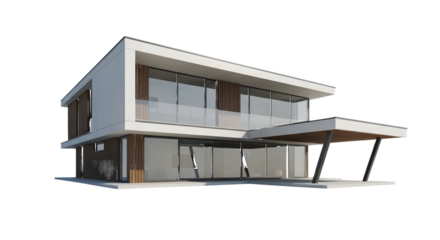 Modern Two- Story House with Wood and Glass Facade architecture building isolated on a transparent background