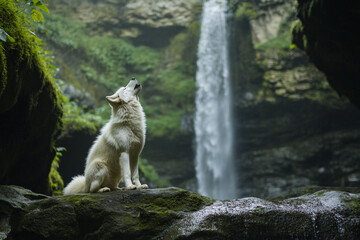 A lone white wolf howling at the entrance of an underground waterfall cave