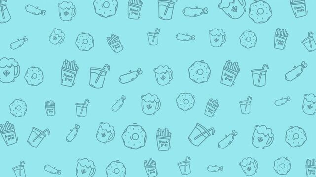 Food pattern animation seamless fast food snacks drinks background repeat suitable for food branding, restaurant promotions, menu designs, and culinary-themed projects