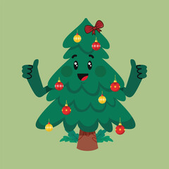 Groovy hippie Christmas tree in trendy retro flat style isolated on white background