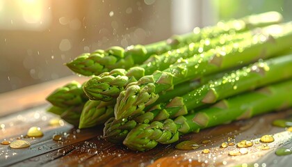 A bundle of green asparagus with droplets of water.