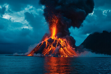 An island volcano spewing lava into the turquoise waters below