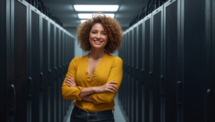 A smiling woman standing in a server room. She has her arms crossed and is looking directly at the camera.