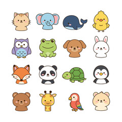 Fototapeta premium A charming collection of sixteen diverse cartoon animals, including a cat, elephant, whale, chick, owl, frog, dog, rabbit, fox, panda, turtle, penguin, bear, giraffe, parrot, and polar bear.