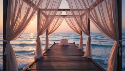 Romantic sunset dinner setup on the pier with ocean view and elegant curtains