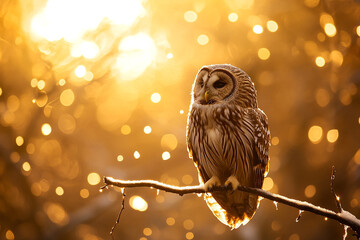 An owl perched on branch, tiny droplets of water falling from its feathers in golden light