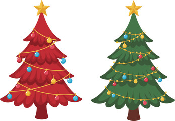  Decorated Christmas tree vector set, festive red and green pine illustrations with ornaments, stars, garlands, cartoon holiday design for seasonal decoration