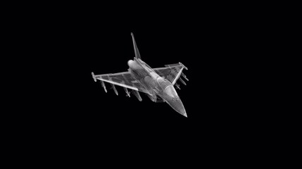 Futuristic Fighter Jet 3D Wireframe Model Animation in a Dynamic Fly-By on Black Background - Powered by Adobe