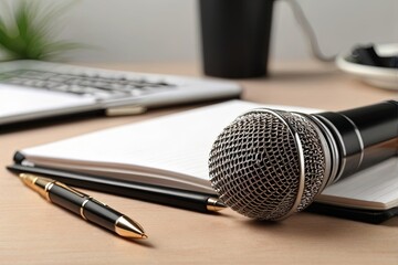 Journalist with microphone notebook