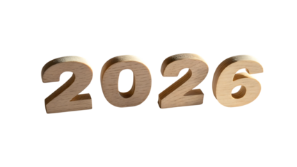 Wooden numbers displaying the year 2026 isolated on transparent background