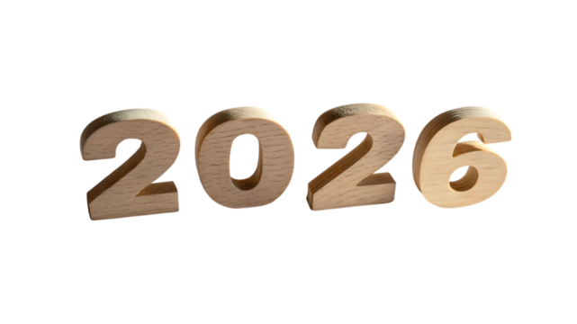 Wooden numbers displaying the year 2026 isolated on transparent background