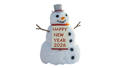 Snowman holding a sign wishing happy new year 2026 isolated on transparent background