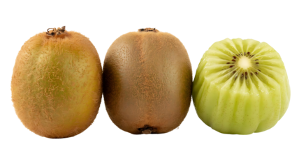 Three kiwifruits, two whole and one cut in half, isolated on transparent background
