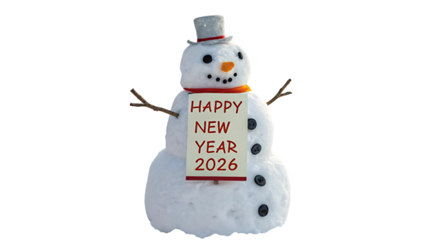 Snowman holding a sign wishing happy new year 2026 isolated on transparent background - Powered by Adobe