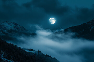 A mysterious fog rolling through the mountains under a bright moon  