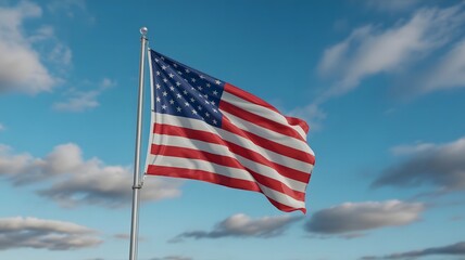 Fototapeta premium Majestic American Flag Waving in the Wind Under a Blue Sky with Clouds – Symbol of Freedom, Patriotism, and National Pride of the United States