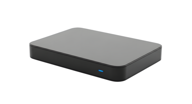 Black external hard drive isolated on transparent background, a compact storage device for data backup and transfer