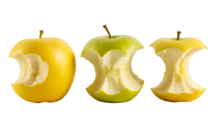 Three bitten apple cores, one yellow and two green, isolated on transparent background