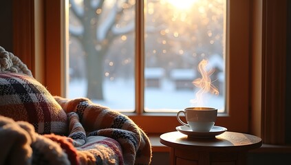 Cozy winter window scene with warm drink and blanket