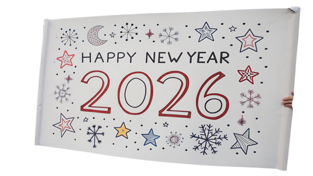 Happy new year 2026 banner isolated on transparent background with stars