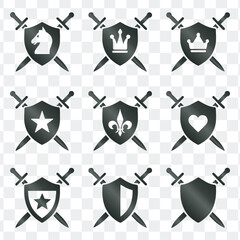 Shield With Crossed Swords And Heraldic Emblem Icons Vector Set