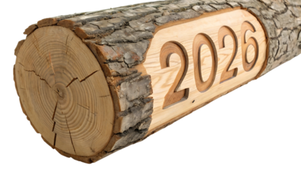 Wooden log with the year 2026 carved into it isolated on transparent background