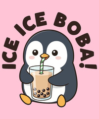 Ice Ice Boba – cute penguin drinking bubble tea vector illustration with playful typography, perfect for kawaii t-shirt designs, funny puns, winter-themed art, stickers, and adorable merchandise