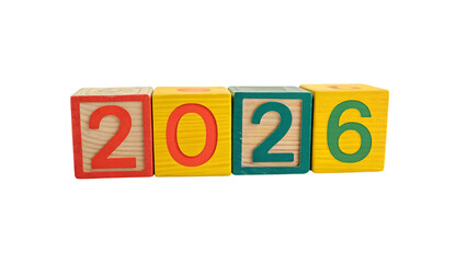 Wooden blocks spelling out the year 2026 isolated on transparent background