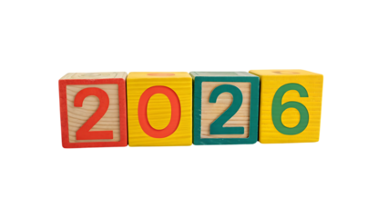 Wooden blocks spelling out the year 2026 isolated on transparent background
